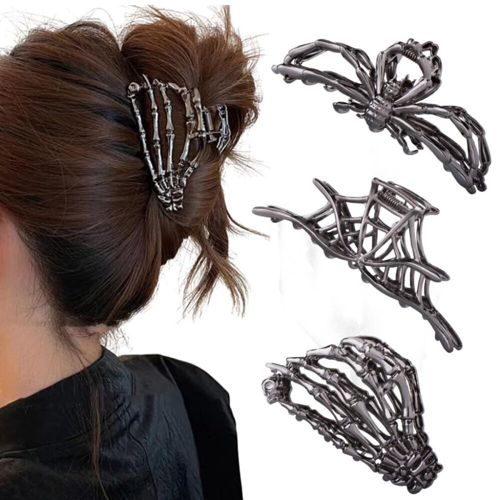 3PCS Black Spider Web Skeleton Hand Skull Hair Claw Clips for Women And Girls, H